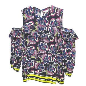 Crown and Ivy Cold Shoulder Top Womens Large Blue Pink Floral Ruffle Boho-Chic